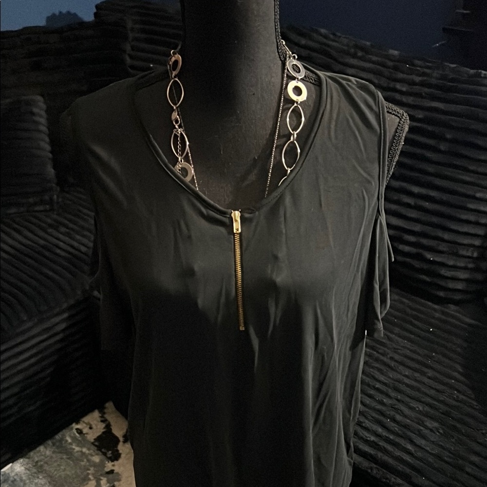 Black Cold Shoulder Top with Gold Zipper